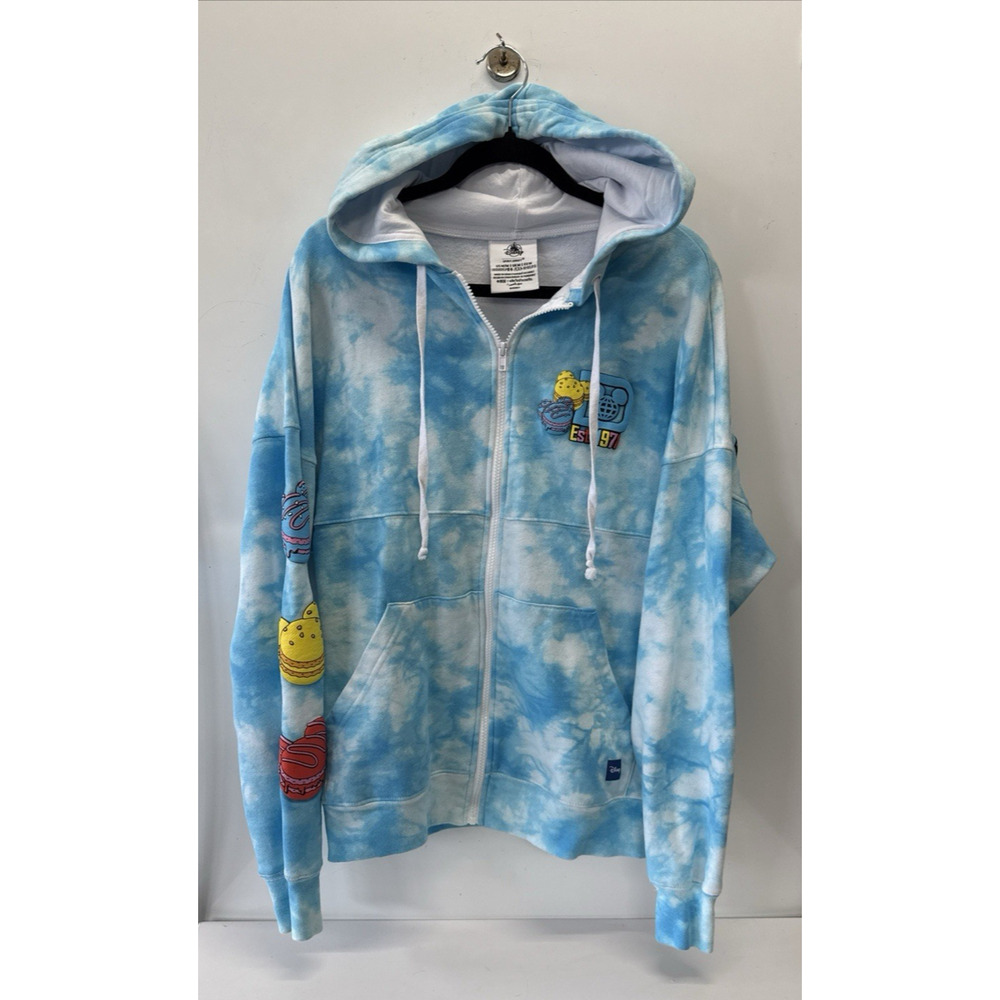 Walt Disney World Blue Tie-Dye Zip-Up Hoodie Mickey Disney Eats Macaroon Puff M
